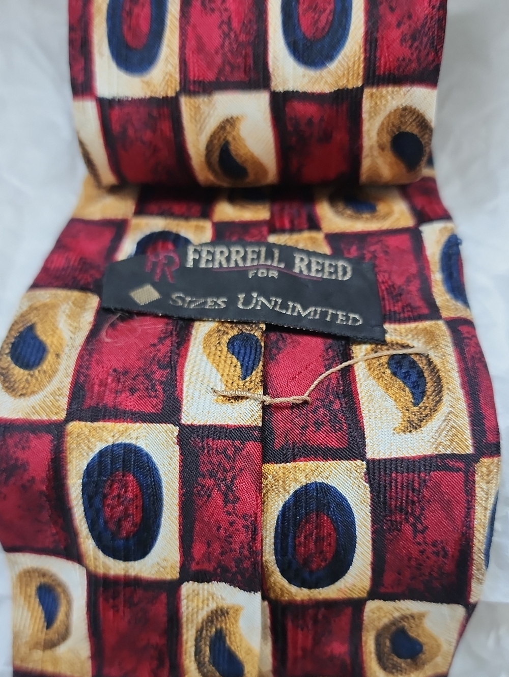 Ferrell Reed Geometric Pattern Necktie in Red, Gold & Navy - Picture 2 of 8